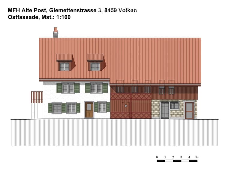 Floor plan of a multi-story building with a red-tiled roof, multiple windows, and a garage entrance.