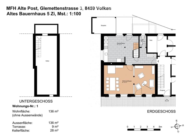 Floor plan of a 5-room apartment in an old farmhouse, including living/dining area, kitchen, entrance, WC, and bedroom. Basement and ground floor layouts are shown.