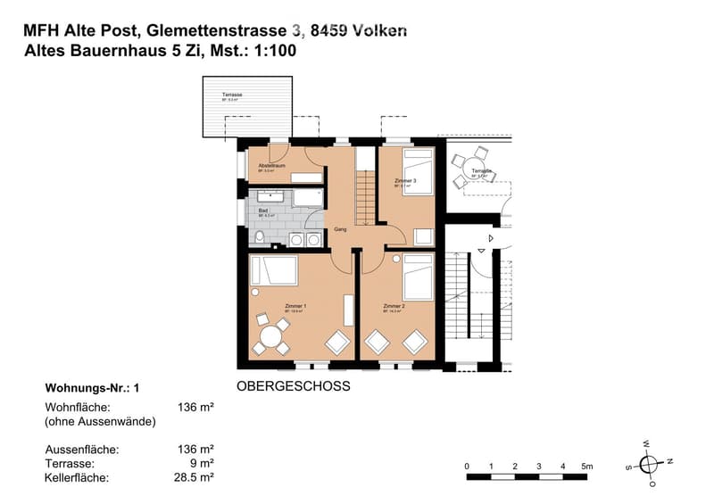 Floor plan of a 5-room apartment with a living room, three bedrooms, a bathroom, a hallway, and a terrace.