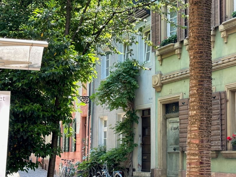 A charming, multi-story building with light blue and green facades, ornate details, and a tree-lined street in front.