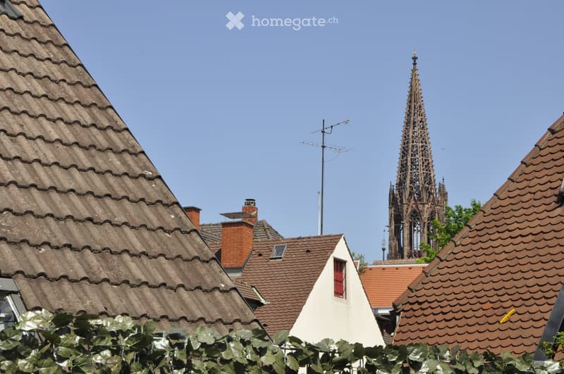 A view of traditional European houses with red-tiled roofs and chimneys, with a prominent church spire in the background under a clear blue sky.