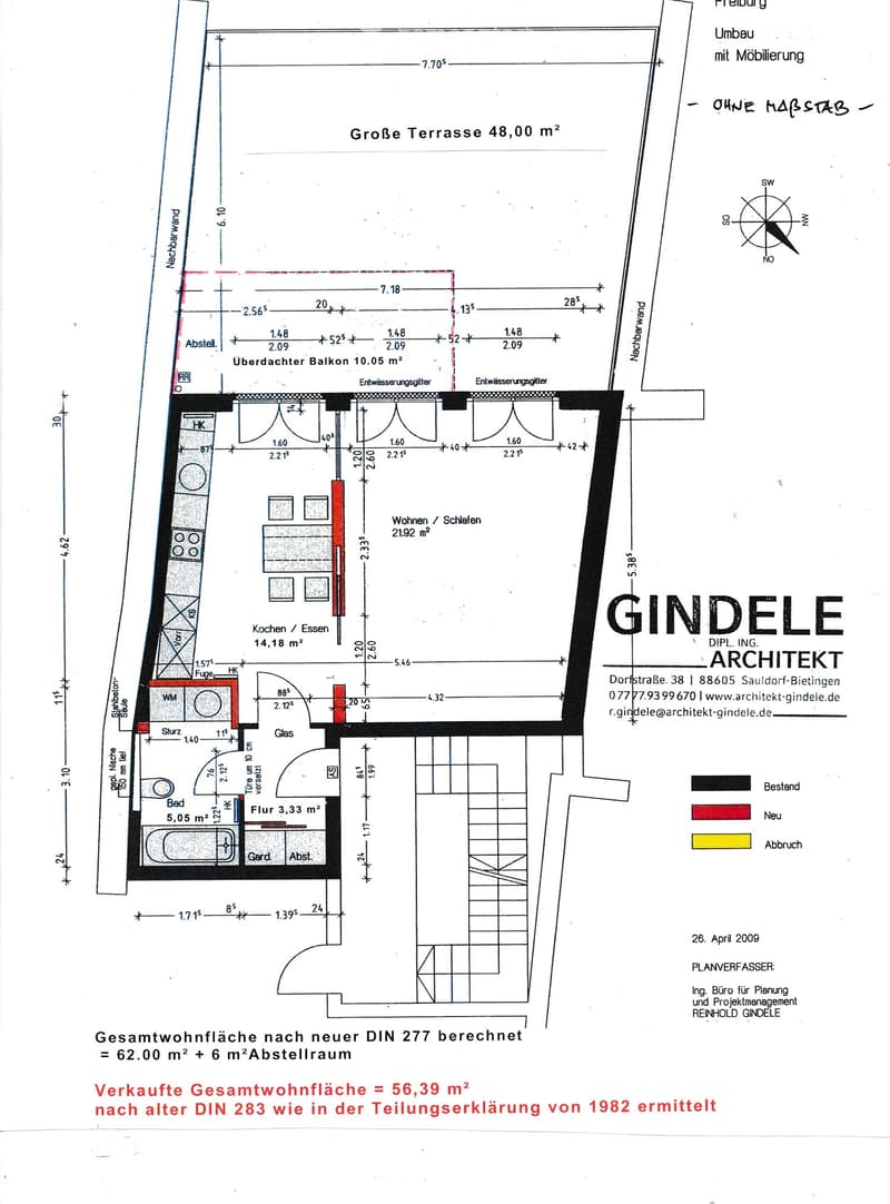 Floor plan showing a residential layout with labeled rooms including a kitchen, living/sleeping area, bedroom, and bathroom, along with a large terrace and covered balcony.
