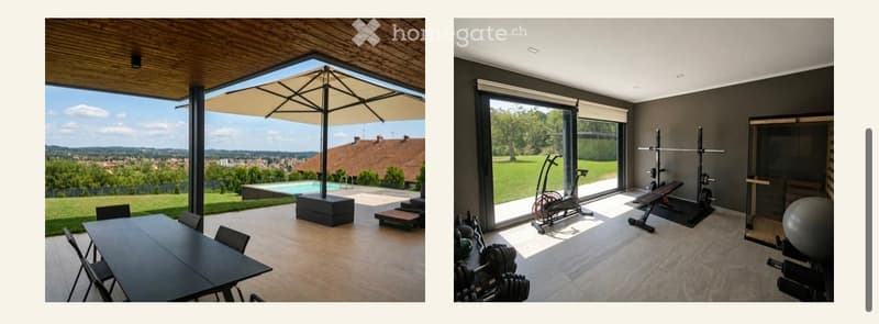 Outdoor patio with wooden flooring, large umbrella, dining table and chairs, overlooking a scenic view and a swimming pool.