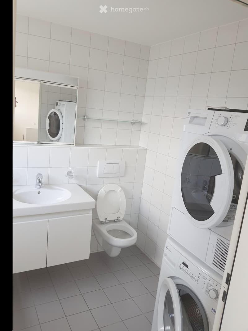 Modern bathroom with white tiles, a sink, toilet, washing machine, and a mirror above the sink.