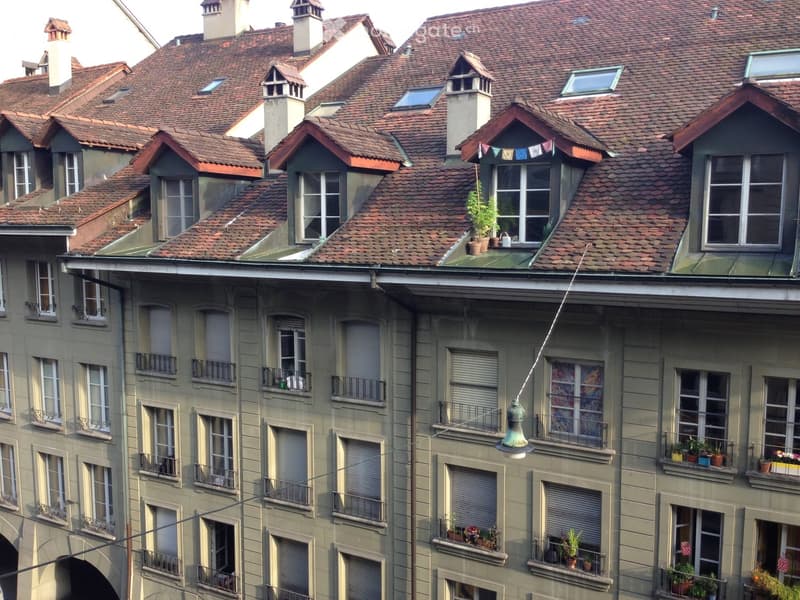 Multi-story residential building with red-tiled roof, multiple chimneys, dormer windows, and balconies adorned with potted plants.