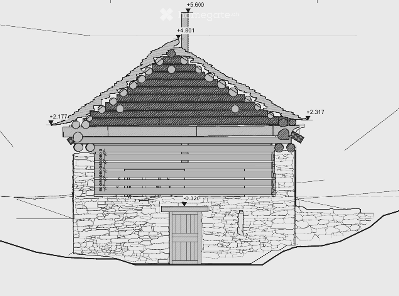 Architectural drawing of a stone building with a pitched roof, showing elevation and measurements.