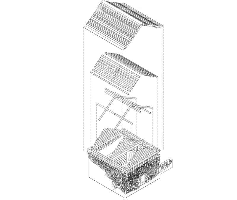 Architectural floor plan showing a multi-level structure with detailed roof and structural elements.
