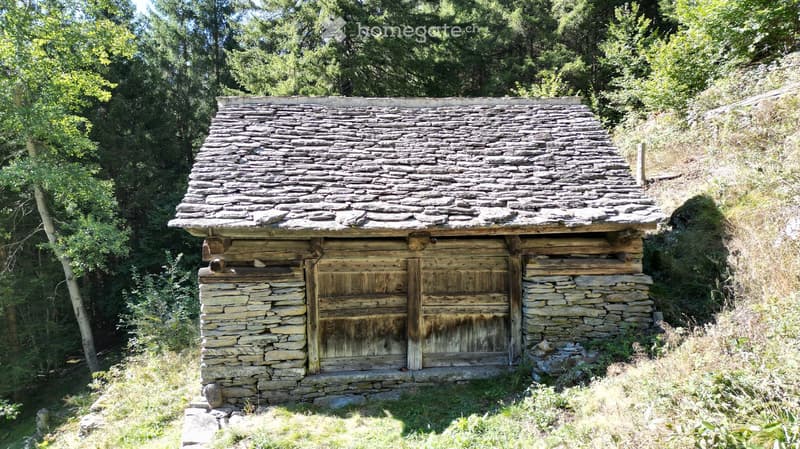 A rustic wooden and stone cabin with a steep, shingled roof, nestled in a forested area.