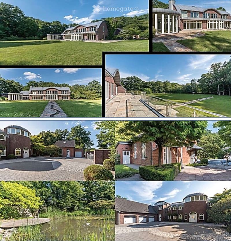 A collage of luxury houses with varied architectural styles, including modern, traditional, and contemporary designs, set in lush green landscapes with well-maintained lawns, driveways, and gardens.