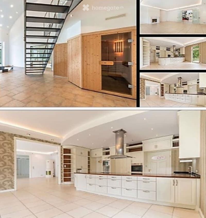 Floor plan collage showing a modern house layout with a staircase, kitchen, and living area. The images depict a spacious interior with wooden and white finishes, modern appliances, and open-plan design.