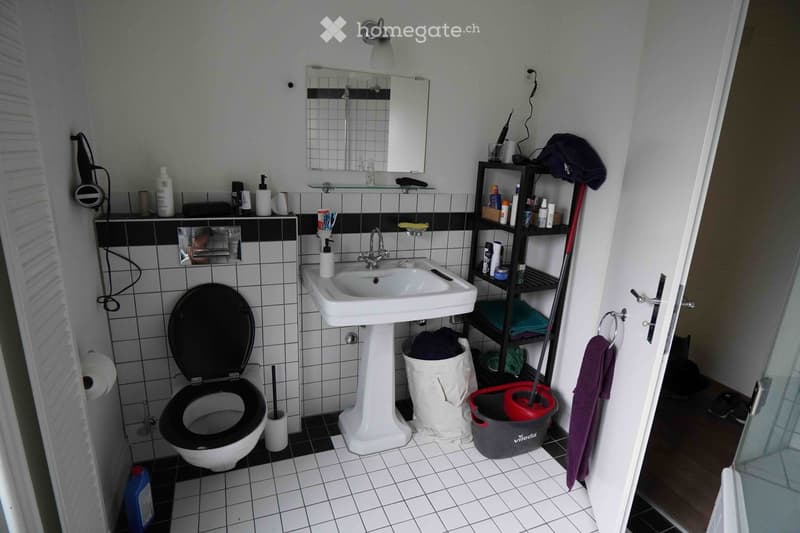 A small bathroom with a toilet, sink, mirror, and shelves holding cleaning supplies. A mop and bucket are placed near the door.