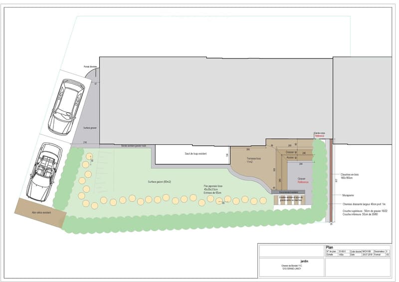Floor plan of a garden area with labeled sections including gravel surfaces, grassy areas, existing driveway, and parking spaces for two cars.