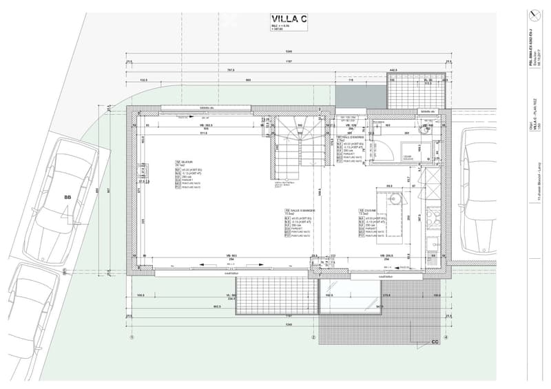 Floor plan of Villa C, showing layout with labeled rooms including hall d’entree, salle à manger, cuisine, and other spaces. Dimensions and measurements are indicated.