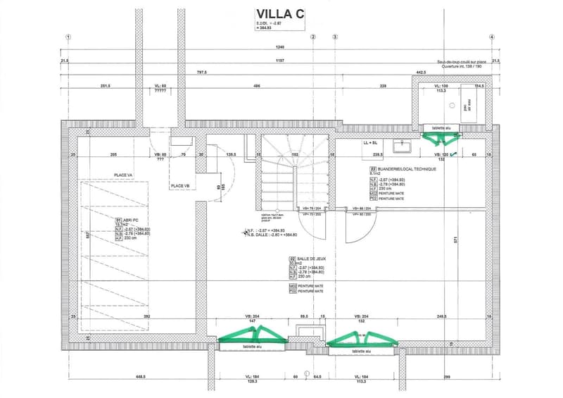 Floor plan of Villa C showing multiple rooms including a living room, dining area, bedrooms, bathrooms, and technical space. Dimensions and room labels are provided.