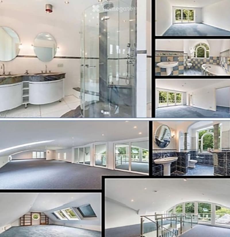 Collage of images showing a modern bathroom with a glass shower enclosure, double sinks, and large mirrors, a spacious living area with high ceilings and large windows, and a bedroom with a modern design and large windows.