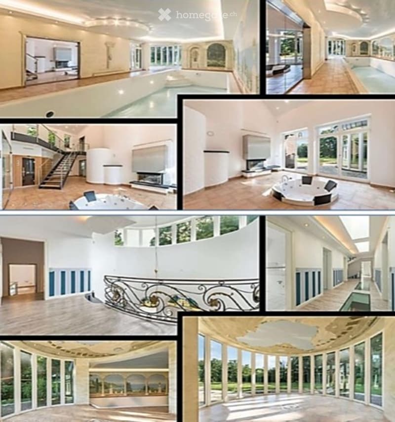 A luxurious house collage featuring a swimming pool, spacious living areas, modern fireplace, and elegant staircase with ornate railing.
