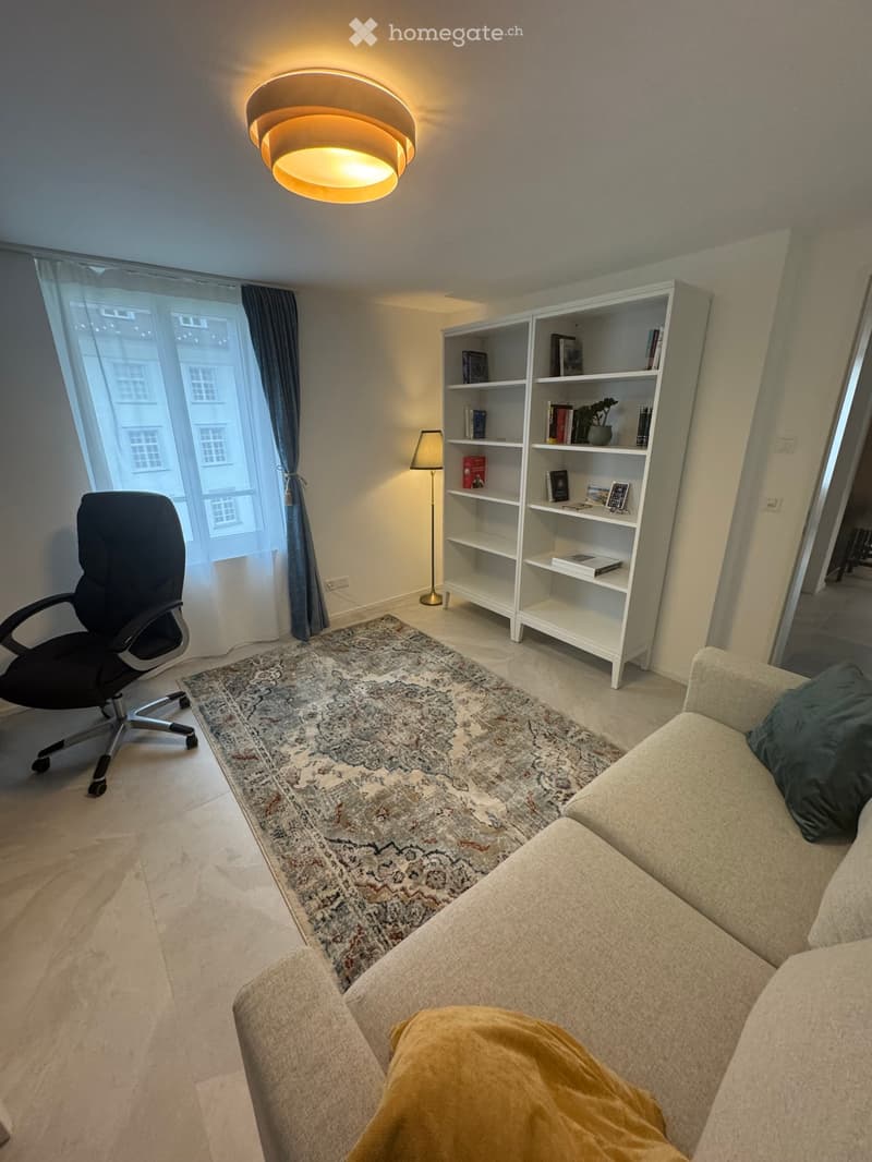 living room with couch, rug, bookshelf, lamp, chair, window with curtains