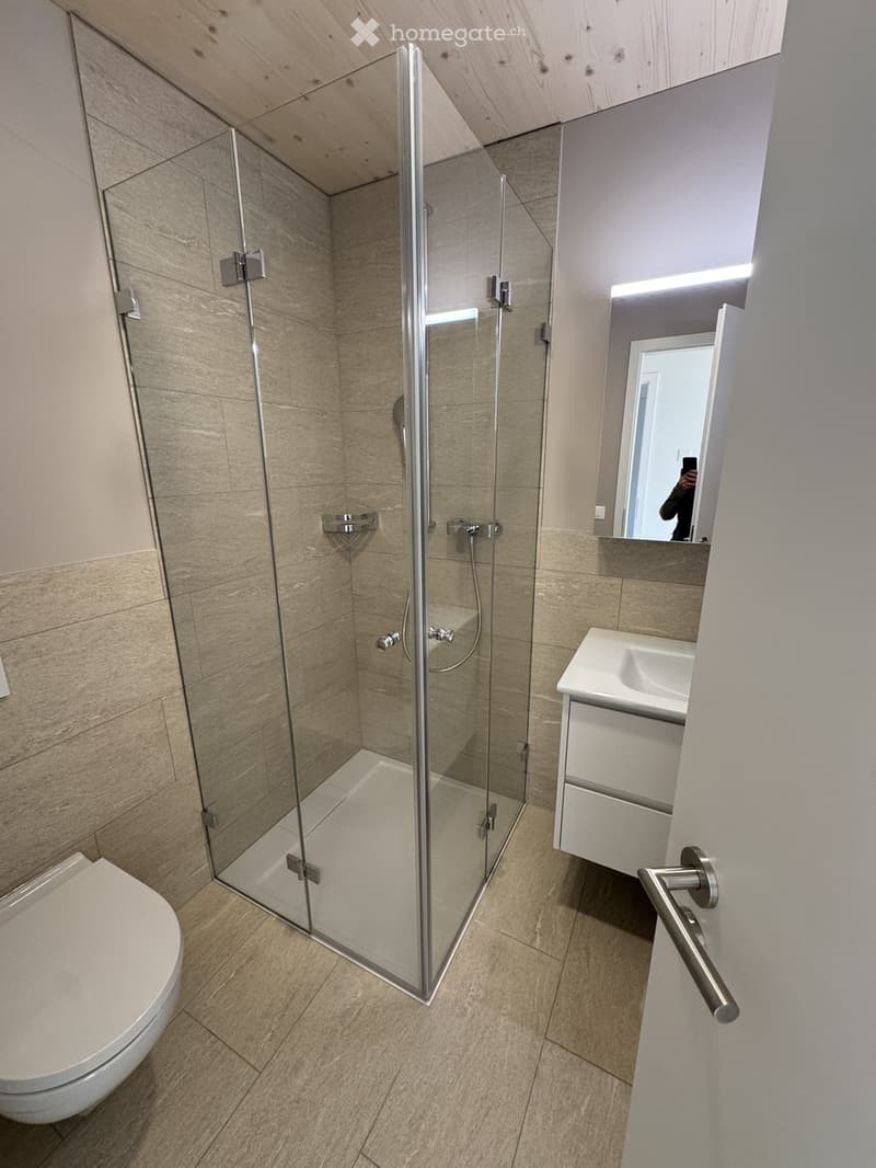 Modern bathroom with a glass-enclosed shower, toilet, sink, and mirror. The walls and floor are tiled in a light, neutral color, and the shower features a sleek, contemporary design with chrome fixtures.