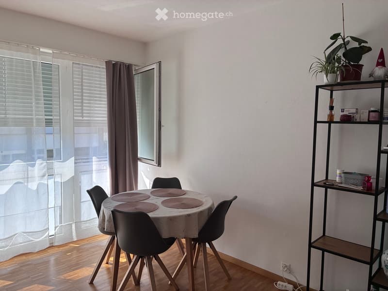 Dining area with a round table, four chairs, and a tall shelving unit with decorative items and a plant. Natural light from large windows with blinds.