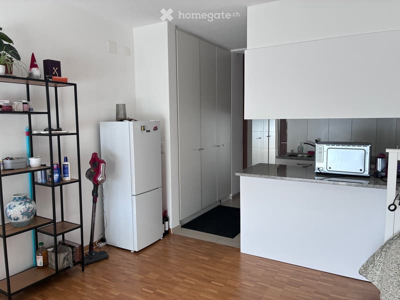 A modern, well-lit kitchen area with white cabinets, a granite countertop, and a refrigerator. A black shelving unit holds various items, including a vase, headphones, and bottles. A vacuum cleaner is placed near the refrigerator.
