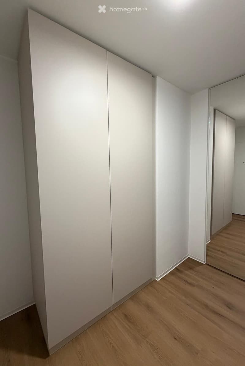 Large corner wardrobe with multiple compartments, minimalist design, wooden floor, mirror