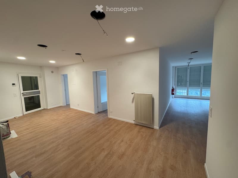 Empty room with wooden flooring, white walls, and several doors leading to other spaces. A radiator is visible on one wall, and a fire extinguisher is placed near a large window with blinds.