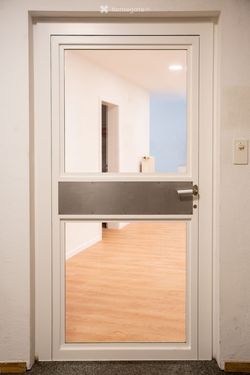 White door with glass panels and a silver mail slot, leading to an empty room with wooden flooring and white walls.