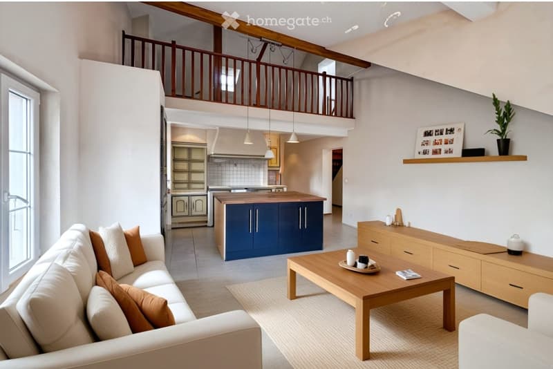Open-plan living and dining area with a white sofa, wooden coffee table, sideboard, and kitchen island. Exposed wooden beams and pendant lights are visible, along with a shelf displaying photos and a plant.
