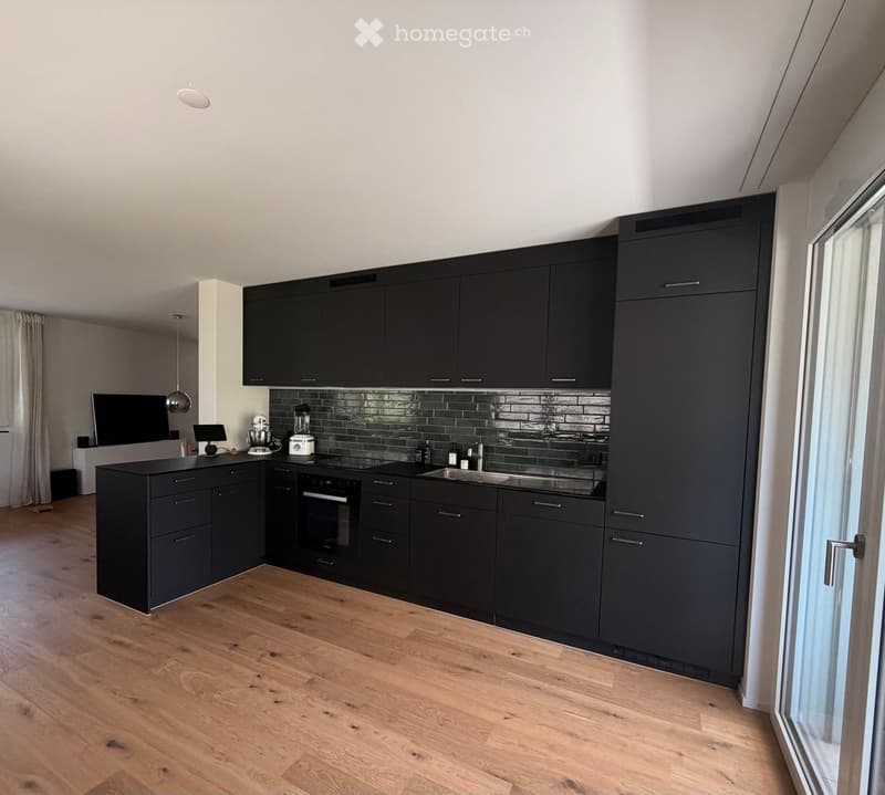 Modern kitchen with dark grey cabinets, wooden flooring, and stainless steel appliances including an oven, sink, and countertop.