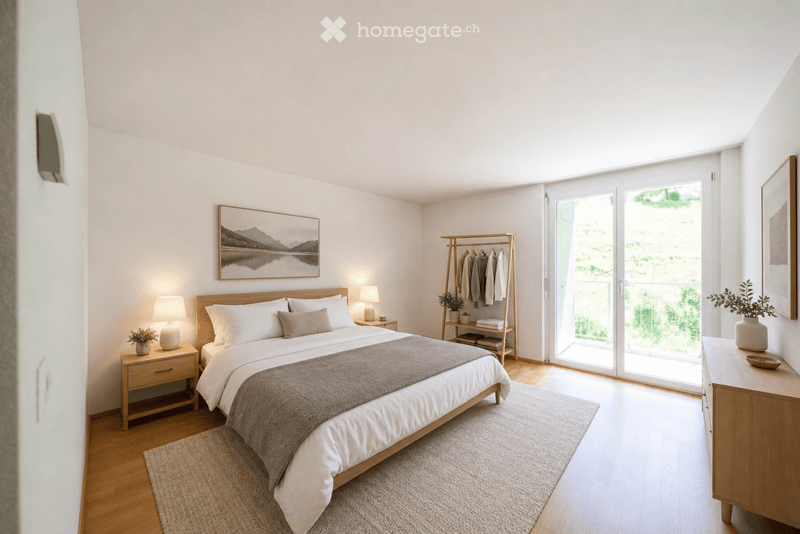 Modern bedroom with a large bed, nightstands, lamps, artwork, clothing rack, and plants.