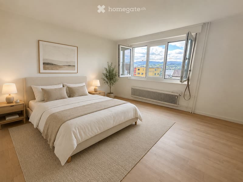 Modern bedroom with a large bed, nightstands, table lamps, a picture frame on the wall, a potted plant, and large windows offering a scenic view.