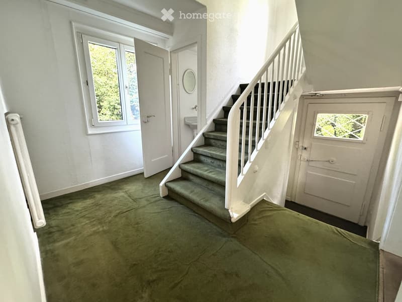 Hallway with green carpet, white walls, staircase with white railing, and a small sink area visible.