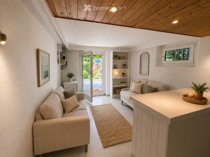 Modern living room with light-colored furniture, a sofa, coffee table, and a small bar area. Features a large window with a view of the garden, a shelf with decorative items, and a small table with a candle and plant.
