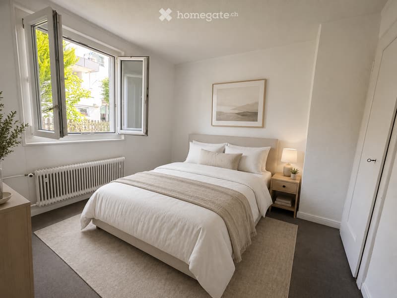 A modern, well-lit bedroom with a large bed, nightstand, lamp, picture frame, and a plant near the window.
