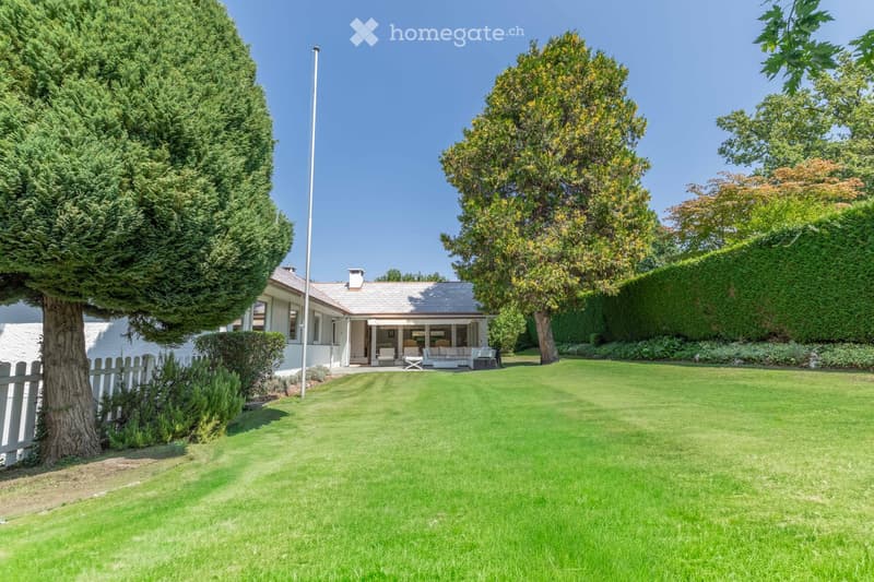 A well-maintained garden with a lawn, trees, and a modern house with a patio and outdoor seating area.