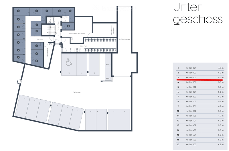 Floor plan of the basement level showing multiple storage rooms, a corridor, a technical room, and parking spaces.