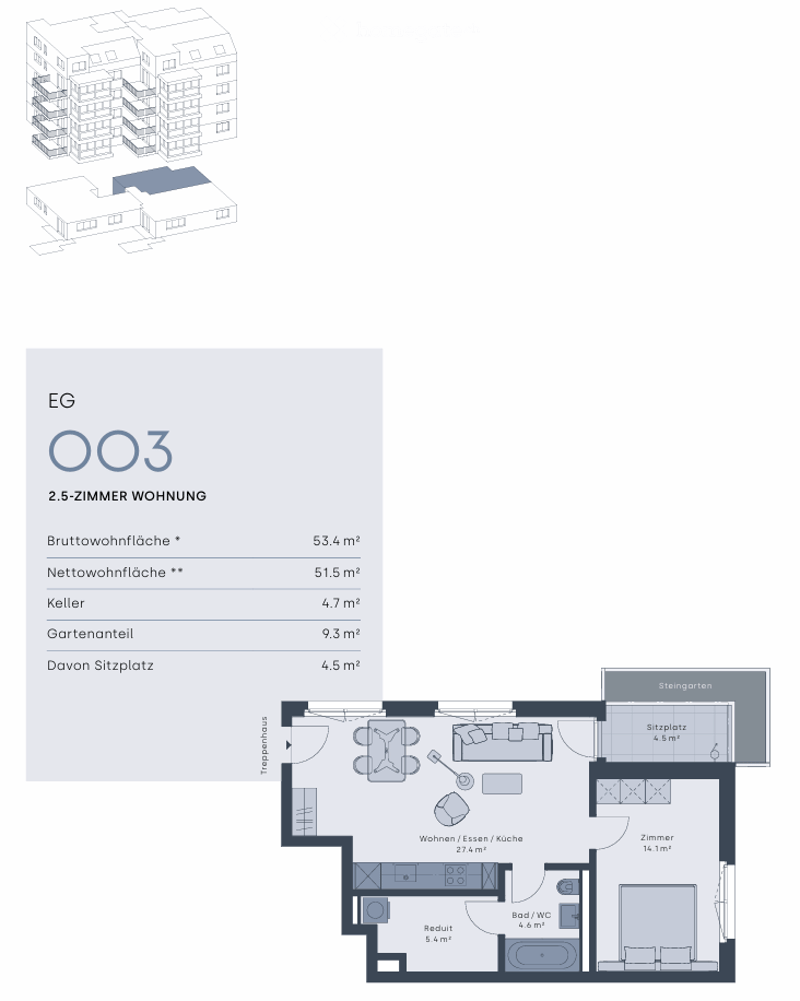 Floor plan of a 2.5-room apartment on the ground floor, including living/dining/kitchen area, bedroom, bathroom, and a garden seating area.