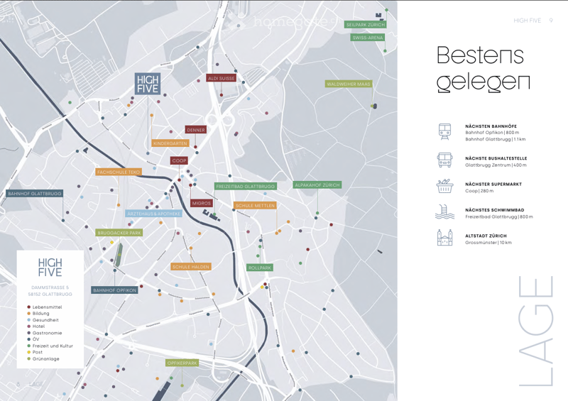 Map showing the location of High Five in Glattbrugg, Zurich, with nearby amenities such as supermarkets, schools, parks, and public transport.