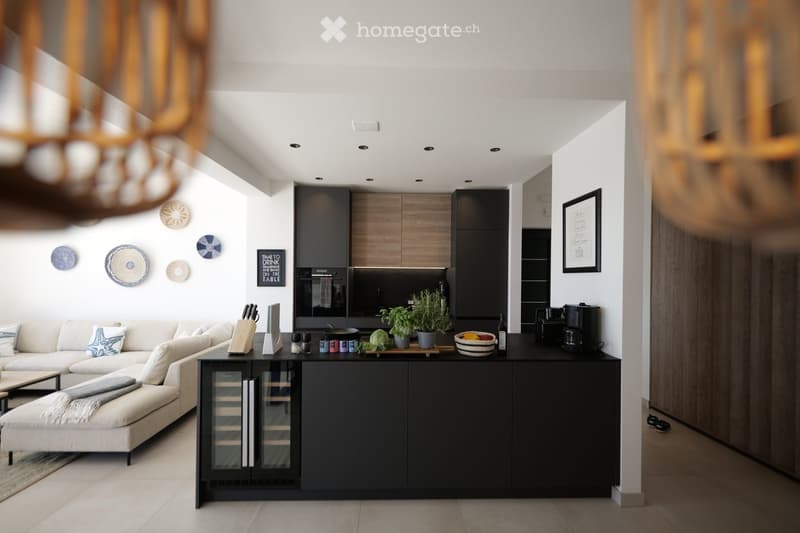 Modern open-plan living and kitchen area with a white sofa, coffee table, kitchen island, and various appliances. The kitchen features dark cabinets, a stainless steel oven, and a coffee machine on the counter. Decorative plates and a potted plant add a t