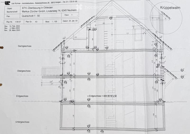 Architectural floor plan showing a multi-level building with labeled dimensions and levels, including basement, ground floor, upper floor, and attic. The plan includes structural details and measurements.