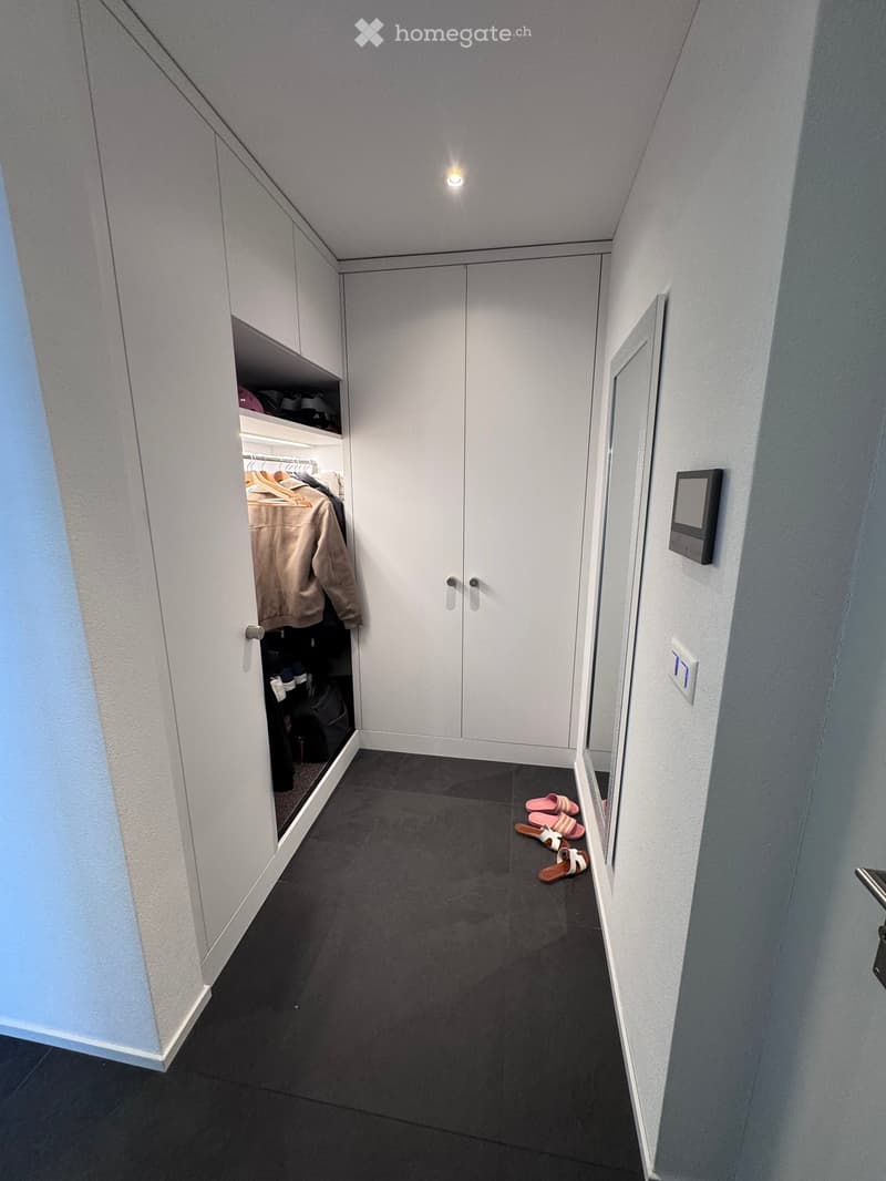 Modern hallway with white built-in wardrobes, dark tiled floor, and a few pairs of shoes placed near the wall.
