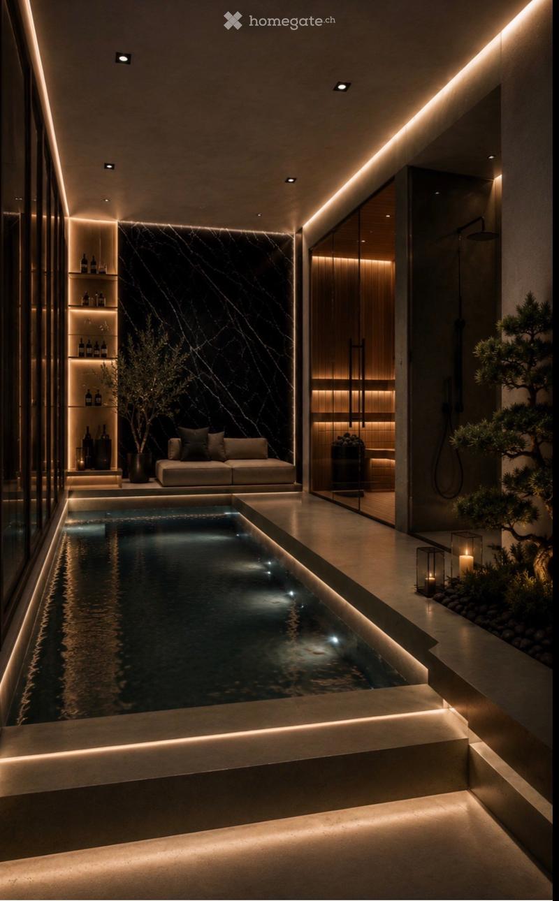 Modern indoor pool area with sleek design, ambient lighting, and decorative elements including a small seating area, shelves with bottles, and a potted tree.