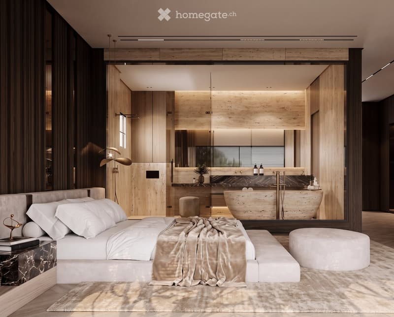 Modern bedroom with a large bed, nightstand, bathtub, and sleek wooden finishes.