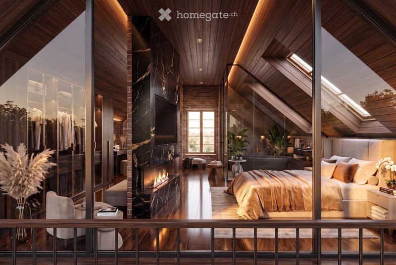Luxurious bedroom with wooden slanted ceilings, large windows, a fireplace, a modern bed, nightstands, a dressing area with a mirror, and a seating area with a chair and a small table.
