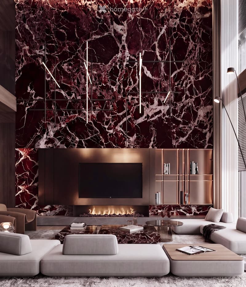 Modern living room with a large fireplace, marble wall, and contemporary furniture including a sofa, coffee table, and bookshelf.