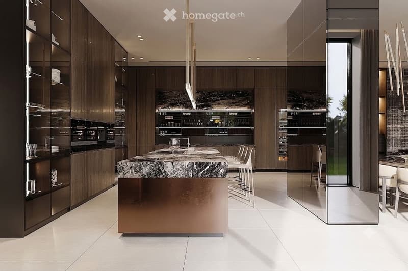 Modern kitchen with dark wood cabinetry, a central island with marble countertop, bar stools, and built-in wine rack. Features sleek glassware and a modern lighting fixture.