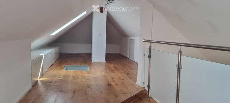 Bright attic space with wooden flooring, white walls, built-in storage units, and a metal railing leading to a staircase. Natural light streams in from skylights.
