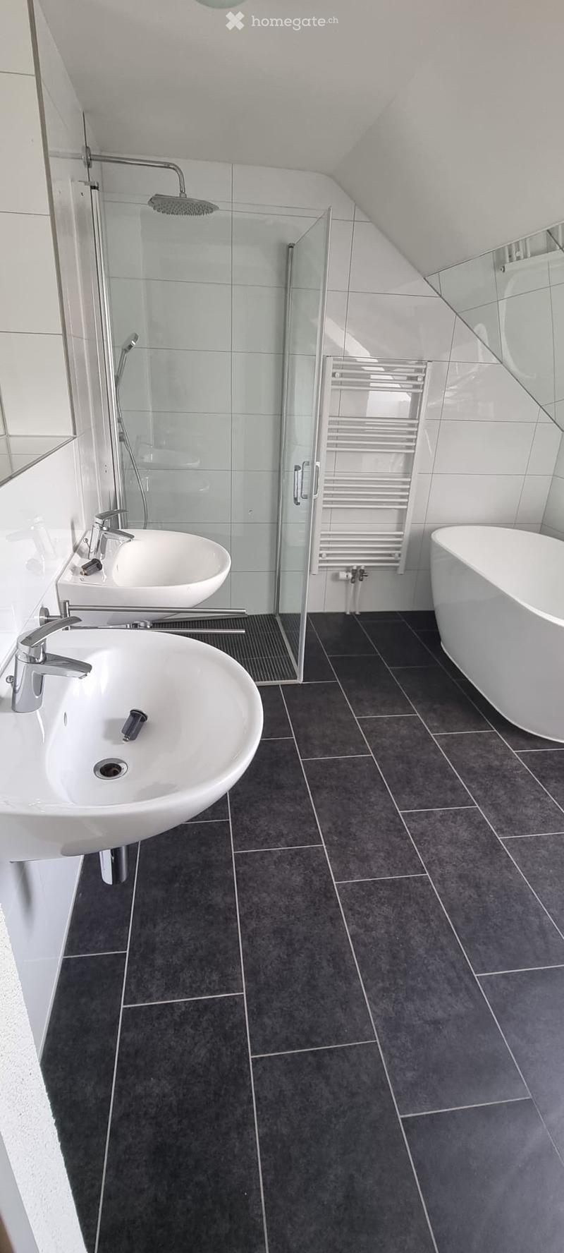 Modern bathroom with dark tiled floor, two white sinks with chrome faucets, a bathtub, a glass-enclosed shower, and a white radiator.