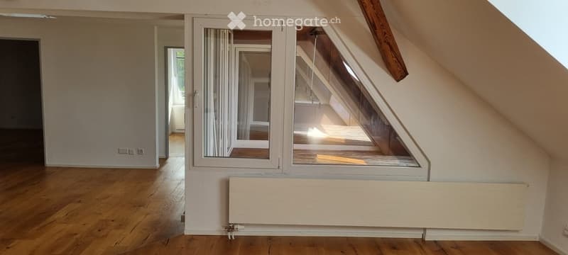 Bright, empty attic room with wooden flooring, large skylight window, and white radiator. No furniture or equipment present.