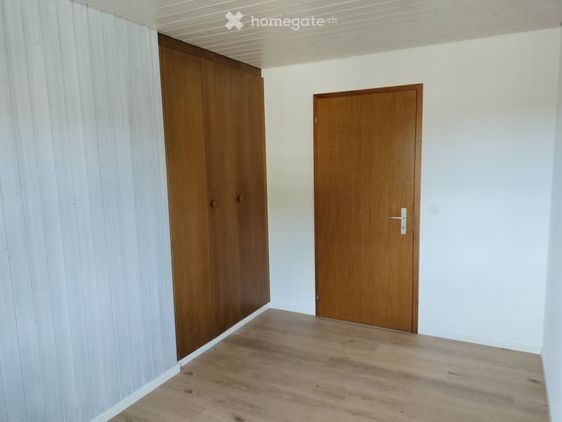 Unfurnished Room. Empty room with light wooden flooring, white walls, and two wooden doors.